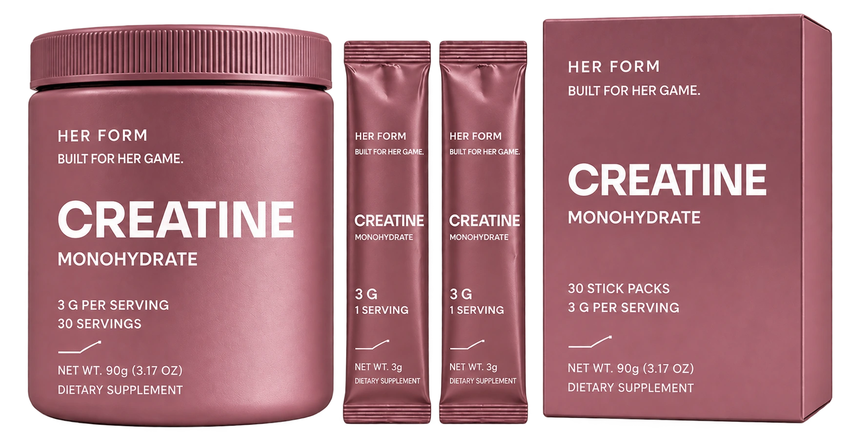 HER FORM rose-clay creatine tub, single-serving sticks and 30-stick carton. Packaging concept.
