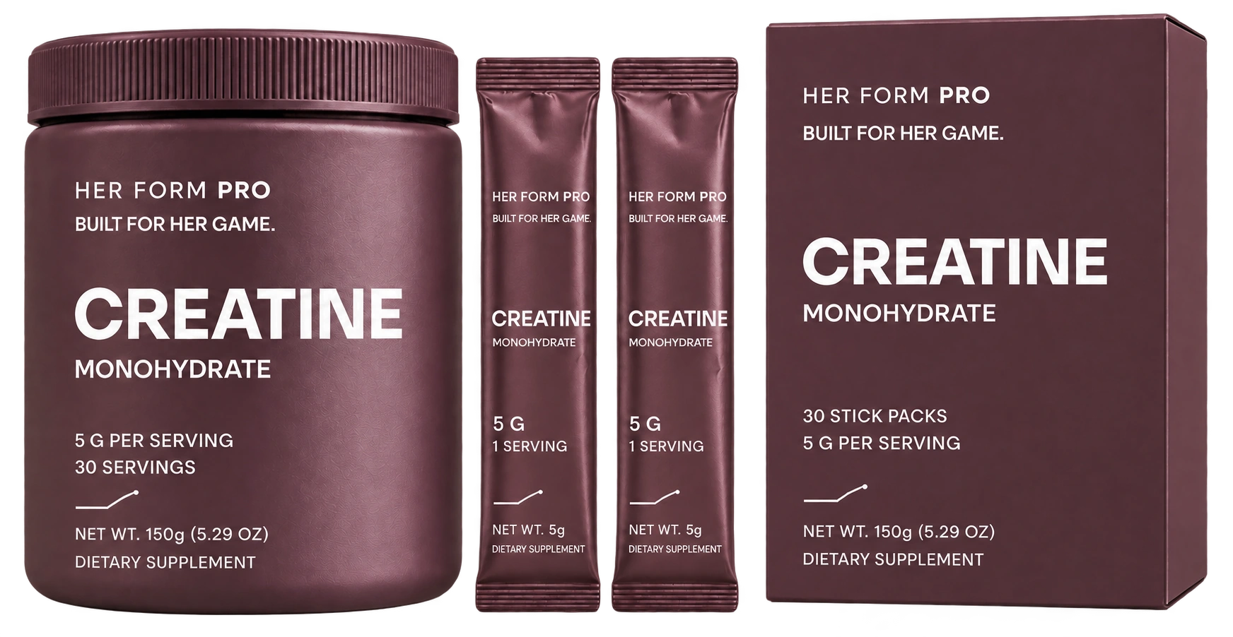 HER FORM PRO deep-plum creatine tub, single-serving sticks and 30-stick carton. Packaging concept.